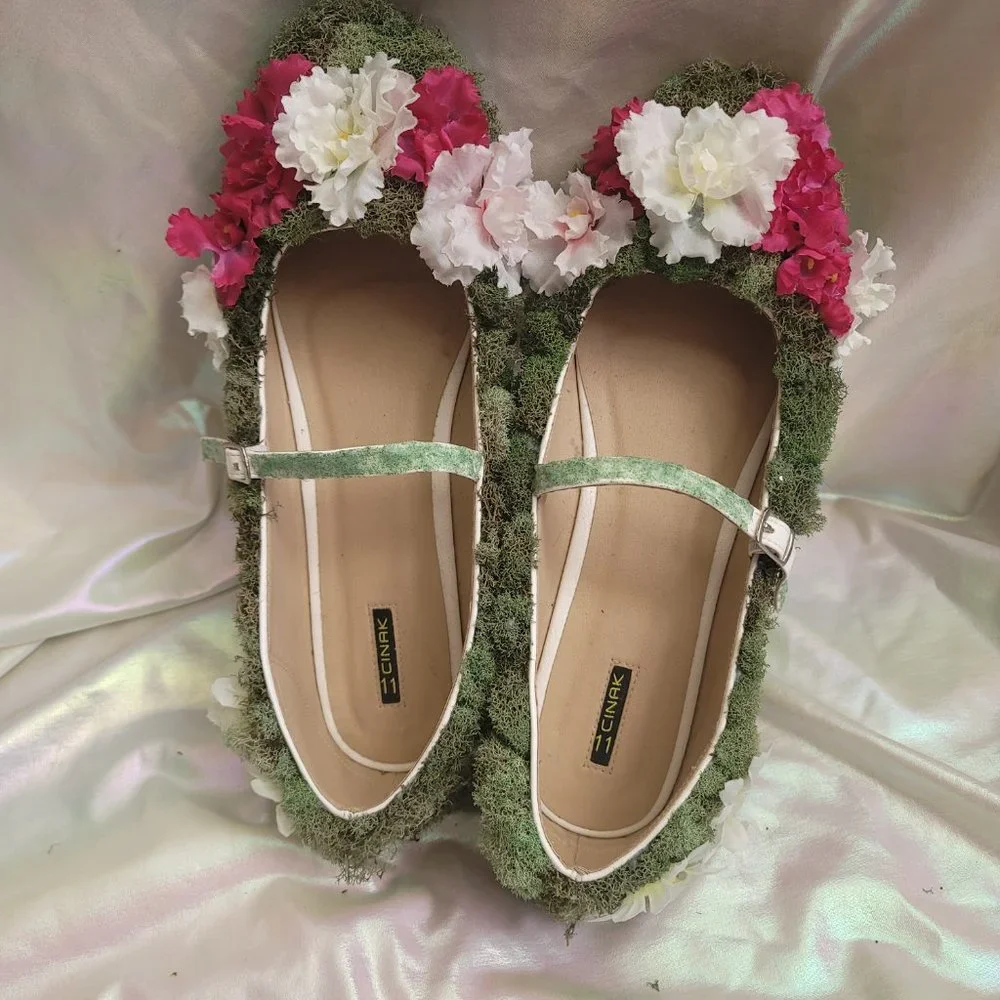 Custom One of a Kind Size 11 Topiary Moss and Flower Flat Mary Jane Shoes OOAK - Picture 4 of 11